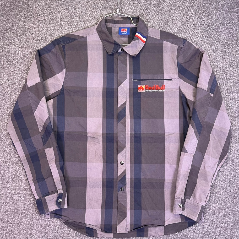 Red Bull Button Down Shirt Mens M Gray Plaid Workwear Casual Logo Snap Front